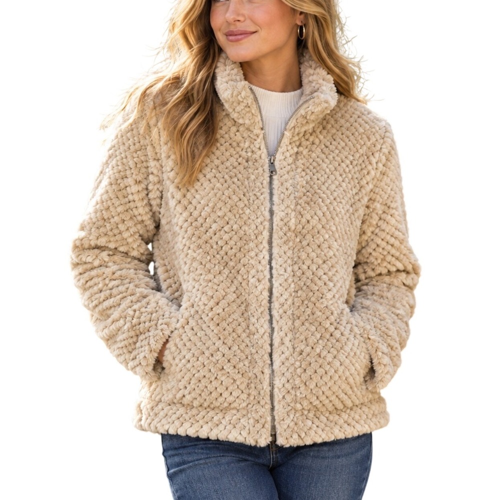 Calvin Klein Faux Fur Teddy Jacket Women L Tan Textured Zip Up Mock Neck NWOT